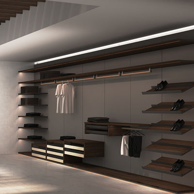 品質  Sliding Door Master Walk In Closet Furniture Wood Aluminium With Linear LED 工場